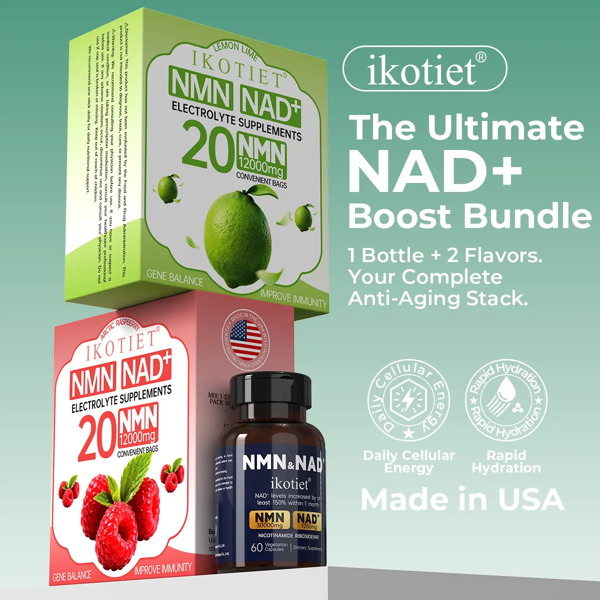 IKOTIET 2-in-1 Vegetarian Capsules & NAD+ Nutritional Drink Mix Combo Pack - Sugar-Free, Dairy-Free Raspberry Wellness Shots with NMN, Nicotinamide Riboside, Multivitamins, Electrolytes for Energy Boost, Cognitive Support, DNA Repair