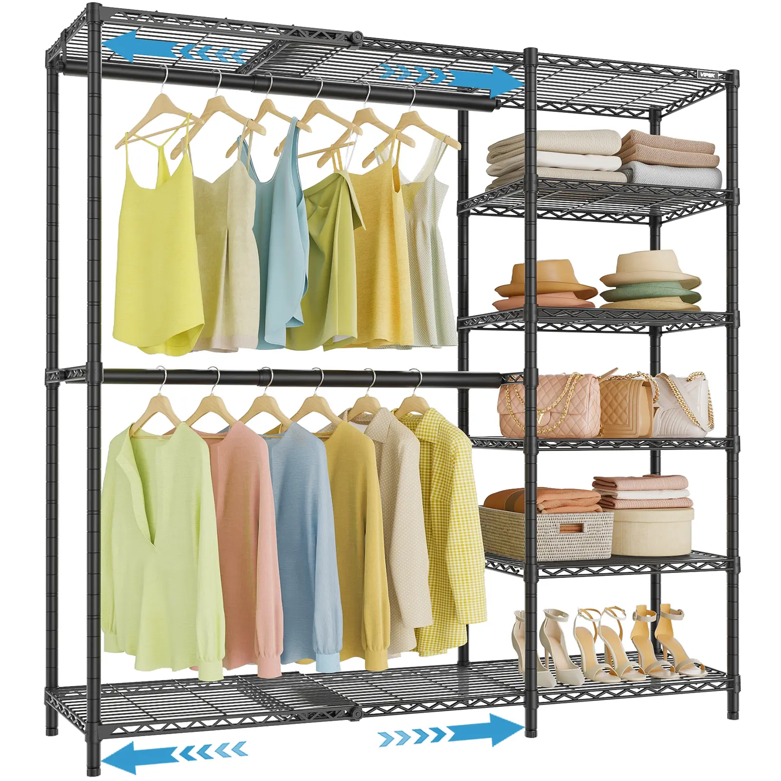 VIPEK X2 Plus Expandable Heavy Duty Clothes Rack Adjustable from 3'9"-5'2" Portable Reach-in & Walk-in Closet Rack System with Flexible Shelves and Hanger Rods Clothing Rack for Hanging Clothes, Black
