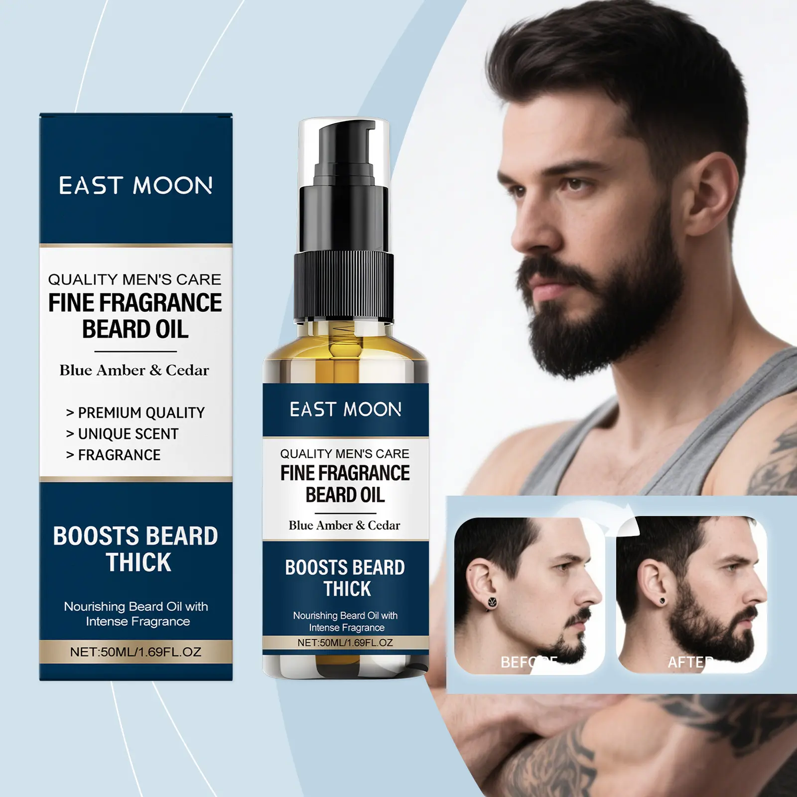 Men's Beard Oil - Natural Formula for Thicker, Fuller Beards - Quick-Acting Thickening Serum & Post-Shave Moisturizer - Suitable for Sensitive Light Beige - Ideal Father's Day Gift (Beard & Face Hair Care)