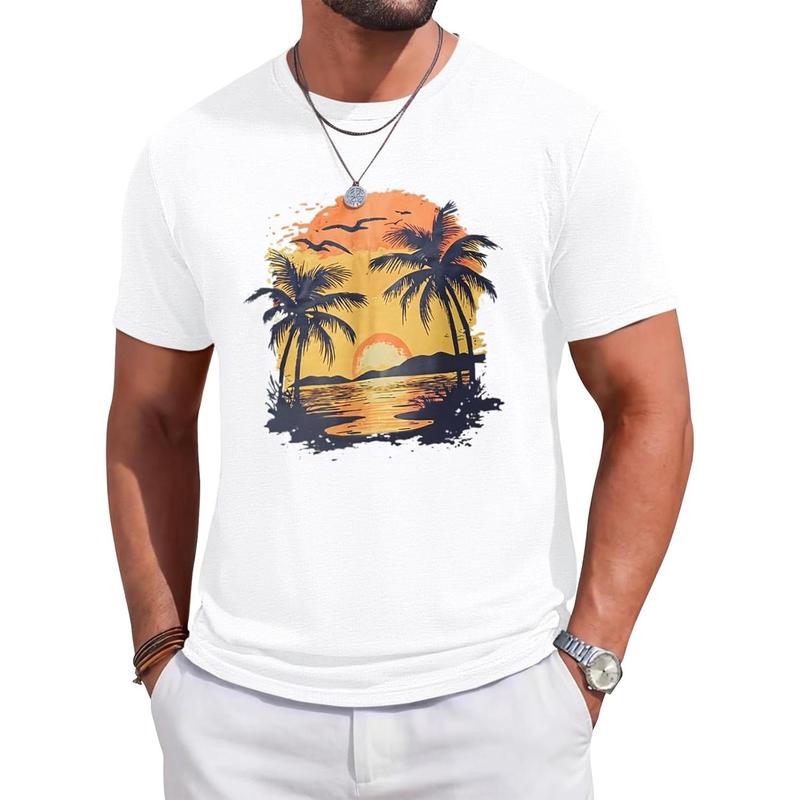 Runcati Mens Short Sleeve T-Shirts Crew Neck Casual Graphic Shirt Summer Beach Palm Tree Sunset Printed Vintage Hawaiian Tees