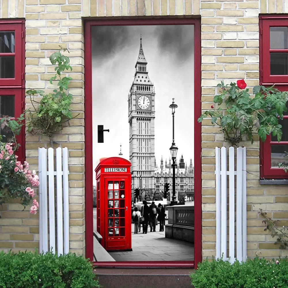 2pcs London Landmark Vintage Wall Sticker Big Ben Red Telephone Box Architectural Landscape Decal Living Room Bedroom Decorative Poster Self Adhesive Removable PVC Material Home Wall Art Decoration 1981