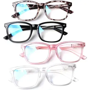 4-Pack Mix High Quality Eyewear Blue Light Blocking Reading Glasses, Lightweight Square Nerd Polycarbonate Frames with Spring Hinges, Anti-UV Computer Readers, 0.00 Diopters, Mirror-Restore Feature, Ideal Gift