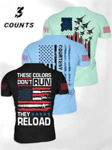 Men's Round Neck Lightweight Classic Short Sleeve T-Shirt 3-Pack, American Flag Fighter Print, Casual Daily Wear, Fashion Summer Streetwear