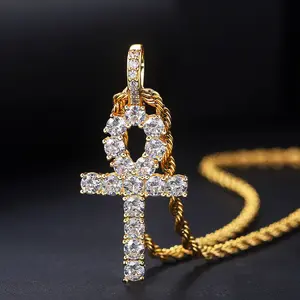 14K Gold Plated Ankh Cross Necklace for Men and Women Ice Cut CZ Diamond Necklace for Women