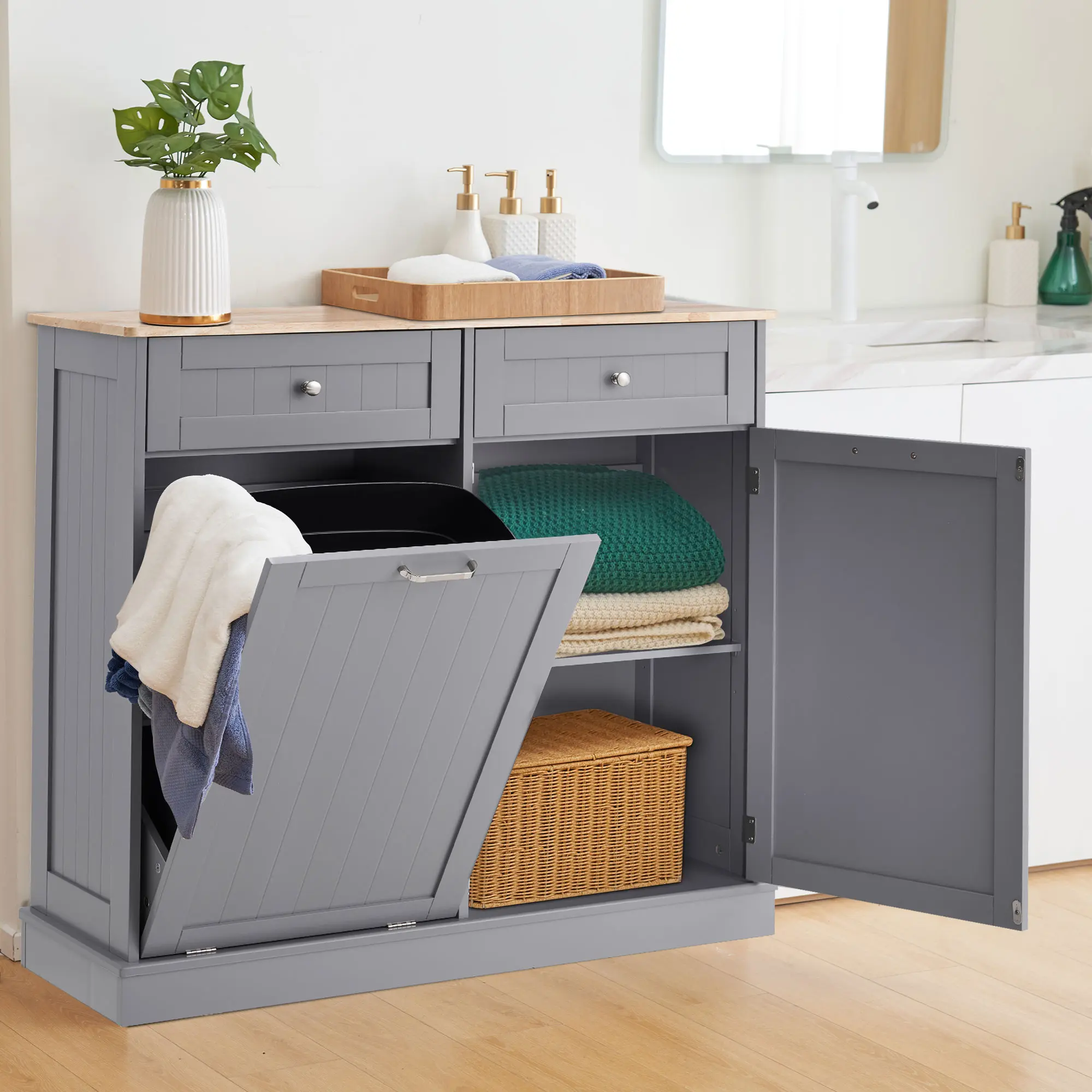 Dragosum 13-Gal Rectangular Single Unit Freestanding Tilt-Out Trash Cabinet - Sturdy Base, Movable Interior, Pet-Proof Cupboard, Hideaway Drawer, Multi-Use Top Shelf, Durable Wood Composite Modern Storage for Kitchen, Laundry (Bin Not Included)