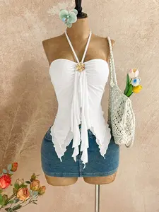 SOLEMN Women's Asymmetrical Hem Sleeveless Top With Seashell Decor Suitable For Beach Vacation Summer Tops