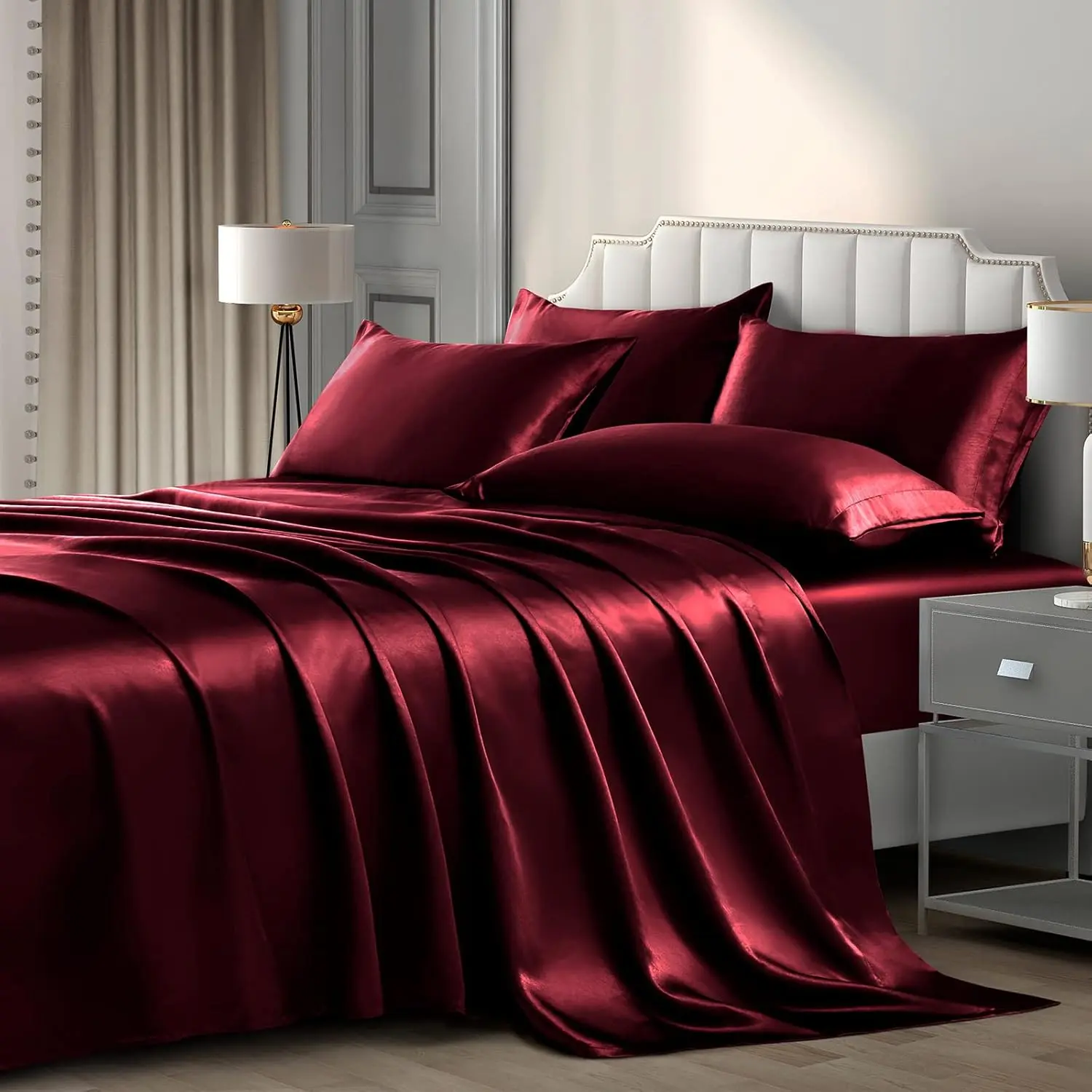 6 Pieces Full Sheets Luxury Burgundy Bedding Sheet Set, 1 Deep Fitted Sheet + 1 Flat Sheet + 4 Pillow