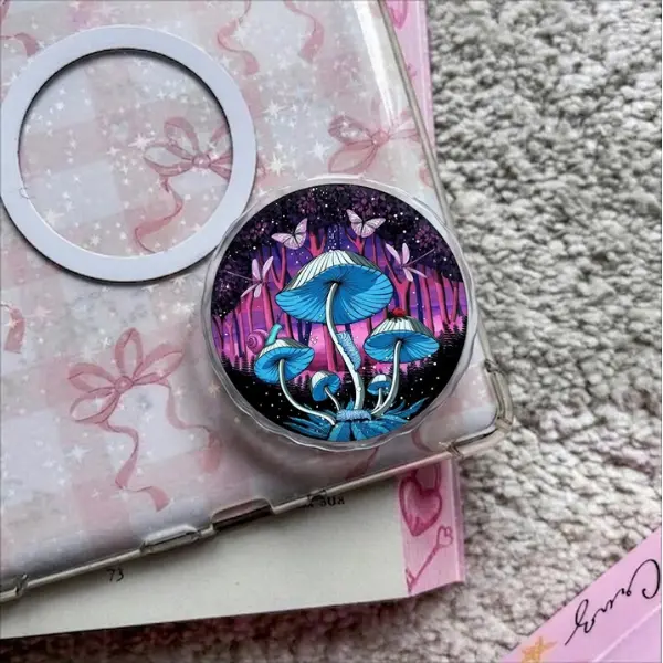 Magic Mushrooms Forest Heart MagSafe Phone Grip, Glowing Blue Fungi Griptok, Enchanted Psychedelic Night Phone Stand, Whimsical Aesthetic Accessory Gift