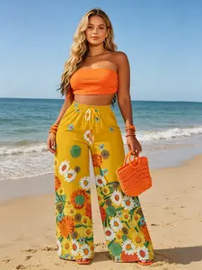 Summer New Turmeric Base Fresh Floral Bohemian Wide Leg Womenswear Pants, Elastic High Waist Flowy Casual Long Pants, Beach Vacation Lazy Women's Pants, Casual Fashion Bottoms, Boho