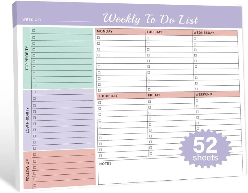 Weekly To Do List Notepad with 52 Tear Off Sheets（8.5"×11"）- Undated Weekly Desk Planner for Women & Man,Work and Home-Violet Whispers