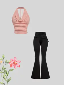 Women's Halter Neck Crop Top & High Waist Pants Set, Casual Summer, Fitted Style, Comfortable Polyester Fabric, Casual Matching Set, Summer Clothing Set