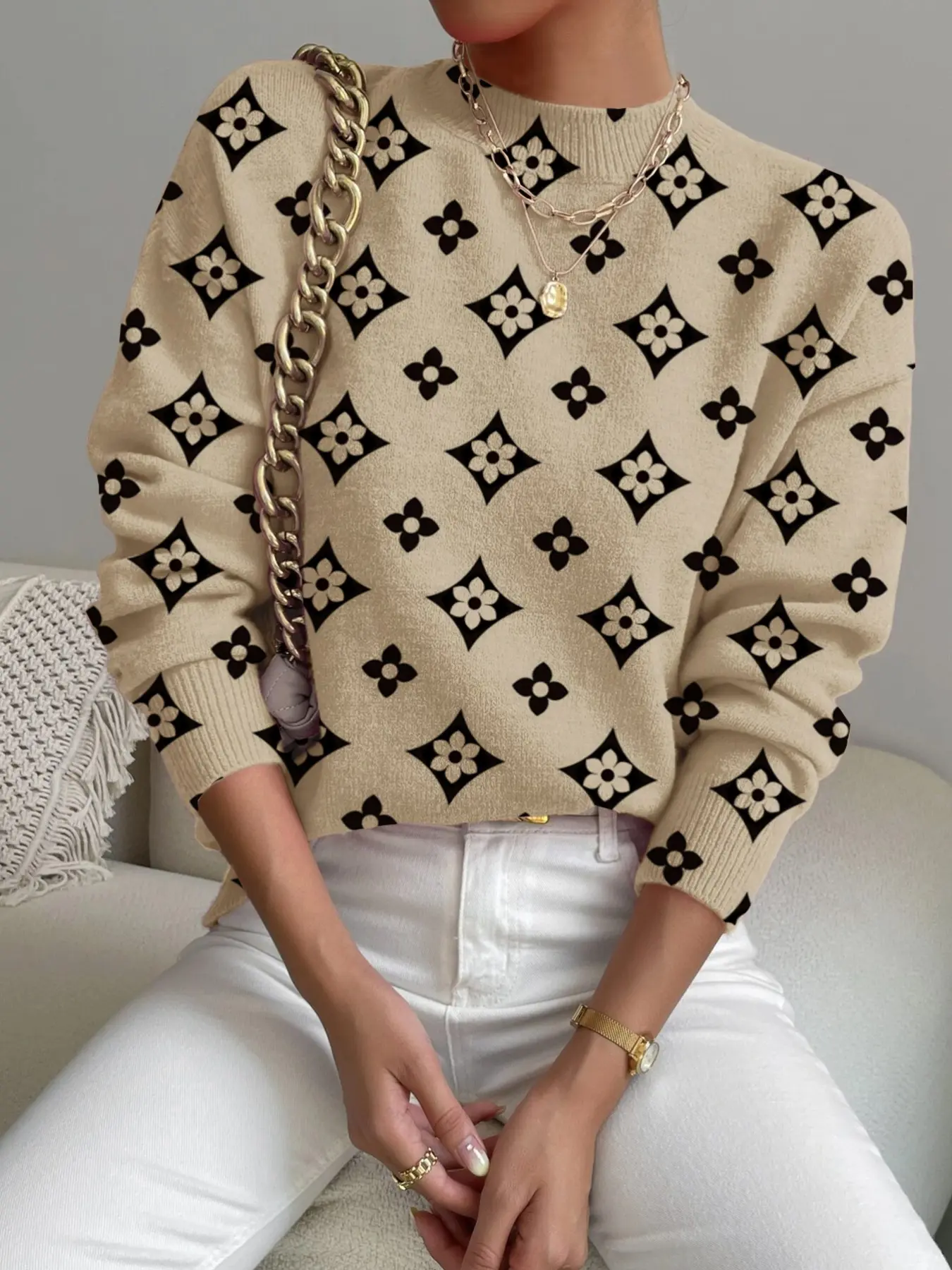 Women's Geometric Pattern Stand Collar Fitted Sweater, Womenswear Fall Winter Casual Fashion Knit Long Sleeve Knitwear, Comfortable Soft Warm Daily Wear Top