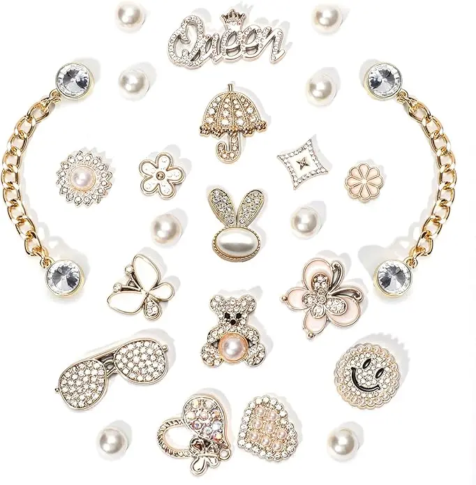 Gold Bling Shoe Charms – 26pcs Queen, Pearl, Bear, Heart, Butterfly & Chains for Clogs Crocs Girls