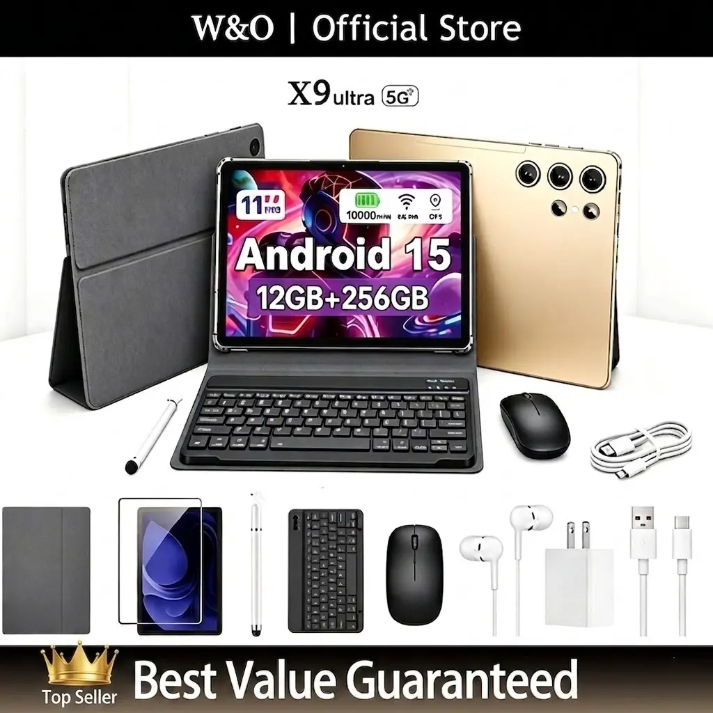W&O 2026 Android 15, 11-inch Tablet, 12GB RAM + 256GB Expandable Storage, Large HD Screen, 10000mAh Battery, 5G WiFi, Portable Device with Keyboard, Mouse, Case, Stylus, Dual Camera, Ideal for School, Work, Valentine’s Day Gift