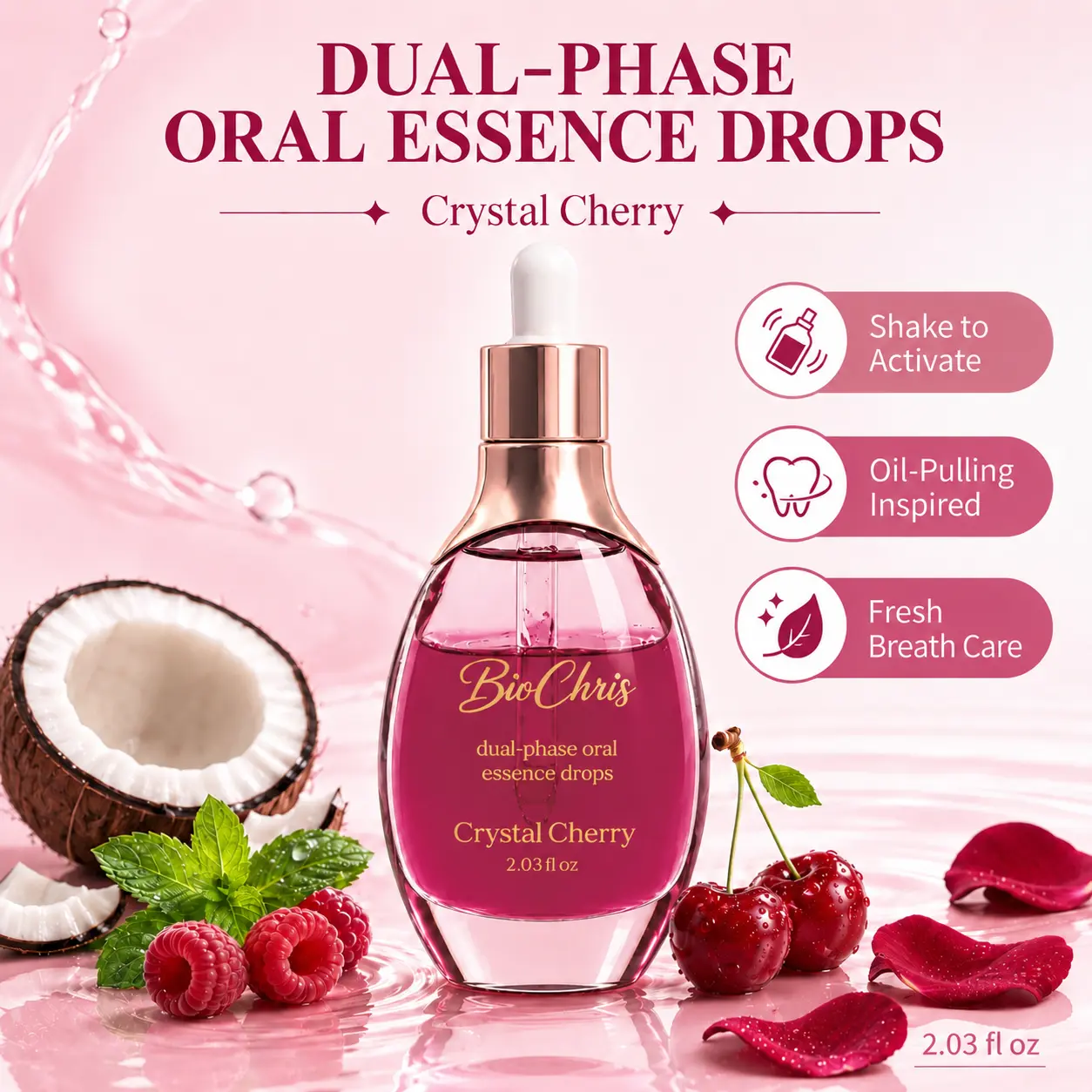 BIOCHRIS Glucanase Oil Pulling Oral Rinse with Botanical Oils - Cherry Flavor, Teeth Whitening, Plaque Control, Enamel Protection, Gum Health, Long-Lasting Minty Freshness, Daily Luxury Oral Cleanser for Bad Breath, Brightening, Cleansing, Teeth Brightene