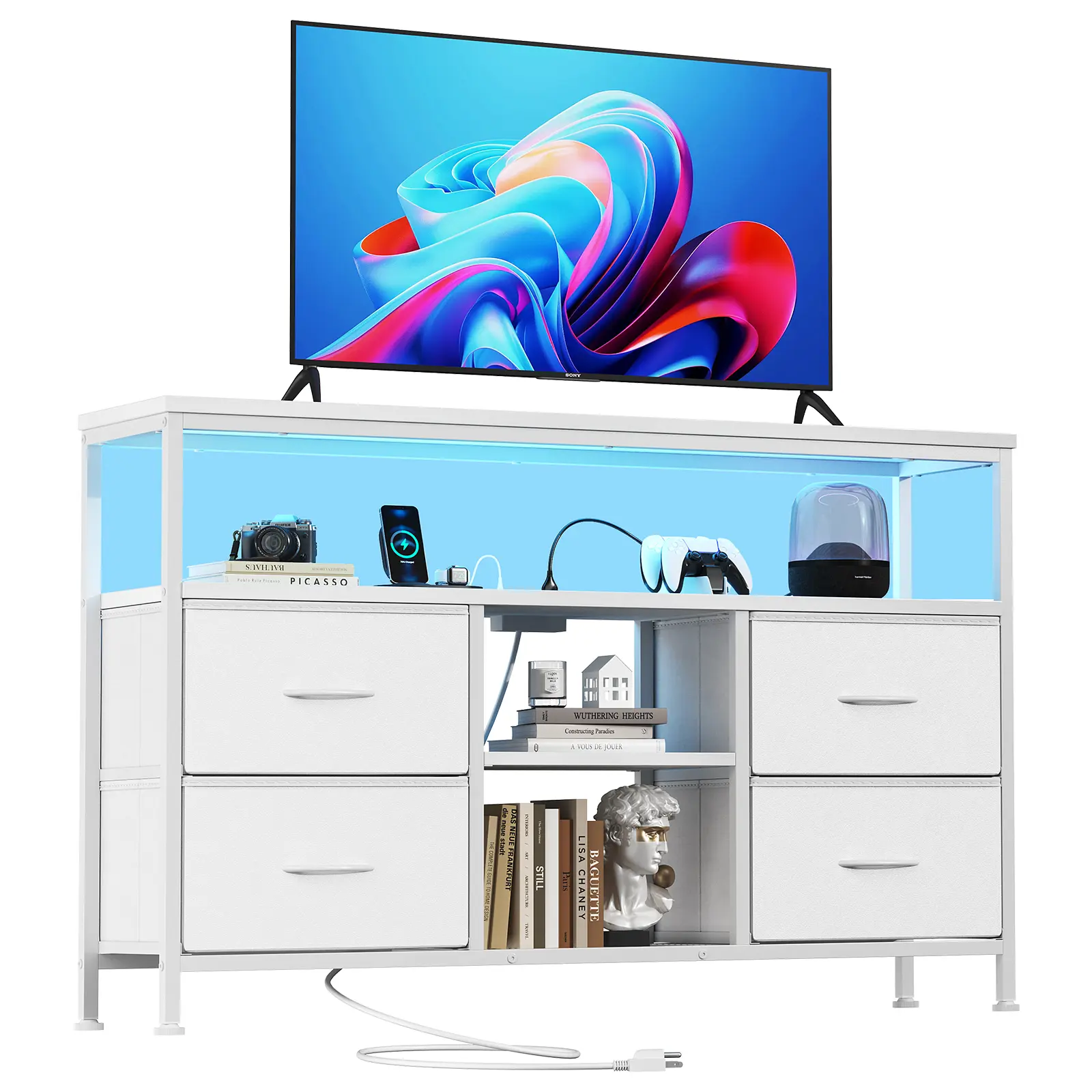 TV Stand Dresser for Bedroom 4 Drawers Entertainment Center with LED Lights and Power Outlets Media Console for 50 Inch TV Living Room Furniture with Open Shelf Adjustable Feet