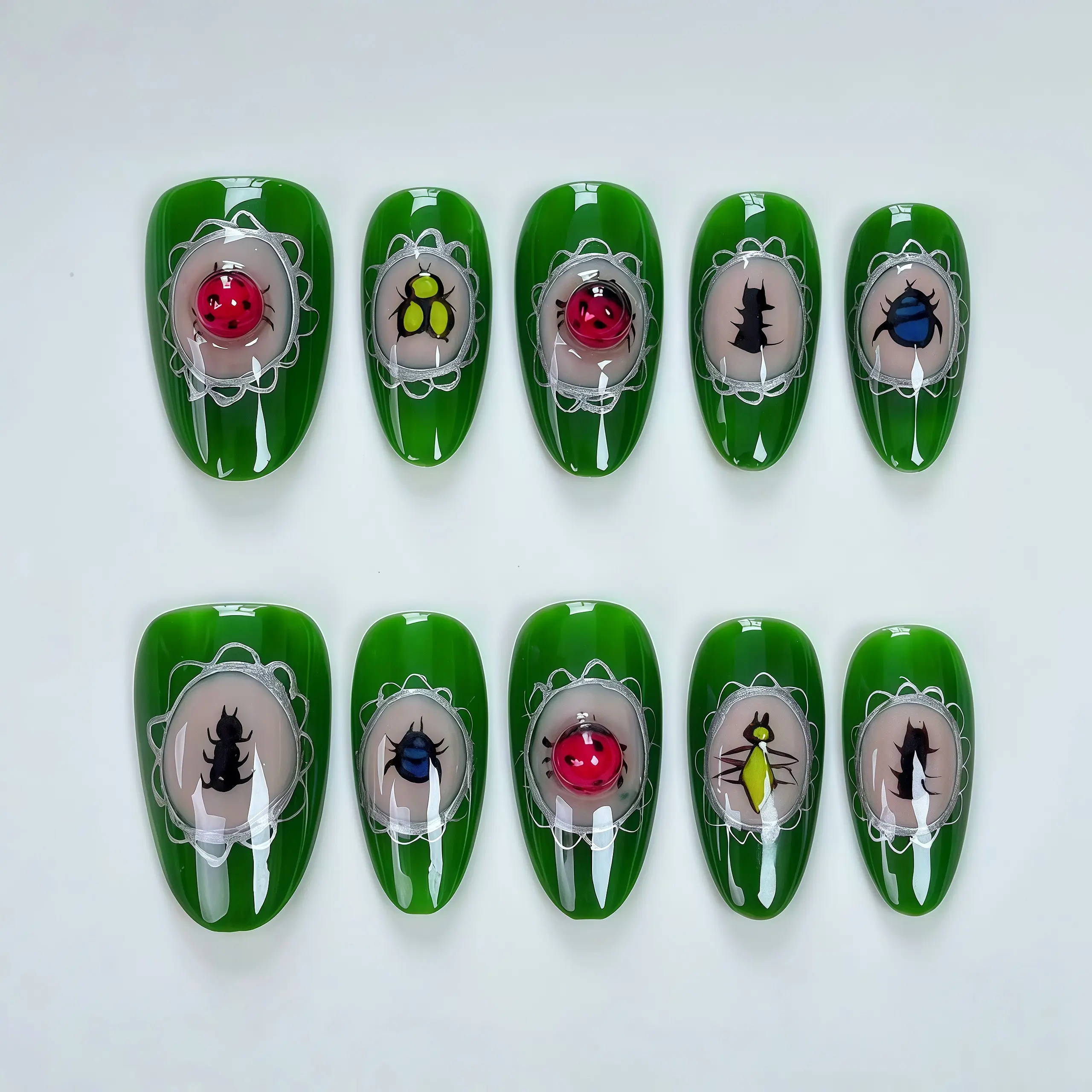 JC Handmade 3D Insect Print Press-On Nails, Detachable Almond-Shaped Tips, Easy-to-Apply Nail Art, M Size, 70g, S, Nail Decoration, Press-On Sheet