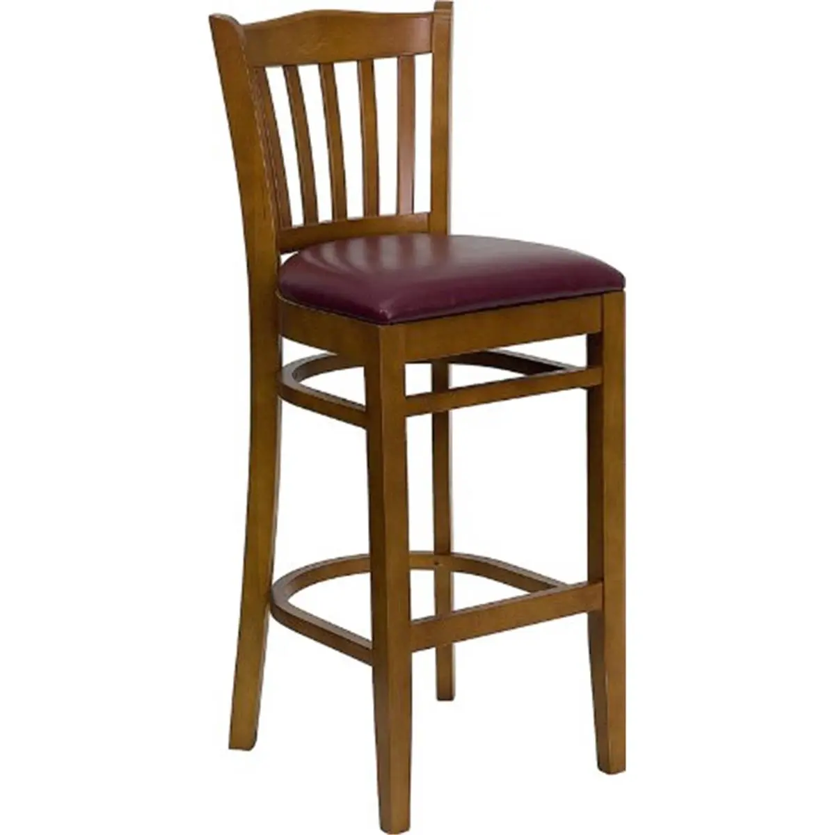 212 MAIN Heavy Duty Wood Frame Bar Stool, Vertical Slat Back, Cherry Wood, Burgundy Vinyl Seat, Crown Back