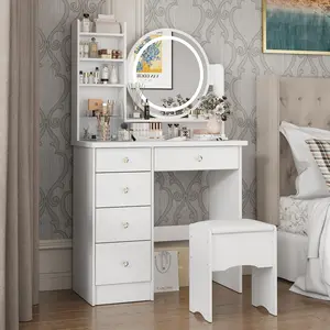 FUFU&GAGA Upgrade Crystal Handle Dreamy Vanity Desk Set with Lighted Mirror, 5 Drawers & 3 Adjustable Lighting Options, Durable Design for Bedroom, Dressing Room