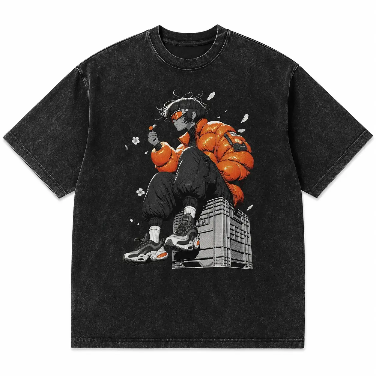 Streetwear Anime Girl Graphic T-Shirt - Washed Black Orange Puffer Jacket Print - Soft Cotton Graphic Tees - Y2K Clothes Aesthetic - Unisex Casual Fun Shirt Outfit - Techwear Gift For Gamer Teens Men Women - Vintage Retro Style Top 3615