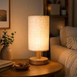 ORADO Modern Cylinder Fabric Table Lamp - Minimalist Linen Nightstand Light with USB Power, Cozy Warm Glow for Bedroom, Office & Living Room Decor