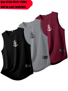 3-Pack Quick-Dry Breathable Sports Tank Tops, Anchor Print Sleeveless Gym Shirts, Comfortable Skin-Friendly Round Neck Summer Wear, Casual Sporty Vest, Sleeveless Sports Vest, Sleeveless Activewear