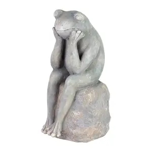 Exhort 8109091 15.5 in. Gray Fiberglass & MGO Frog Garden Statue, Sitting on a Stone Block Statue, Stone Block Statues