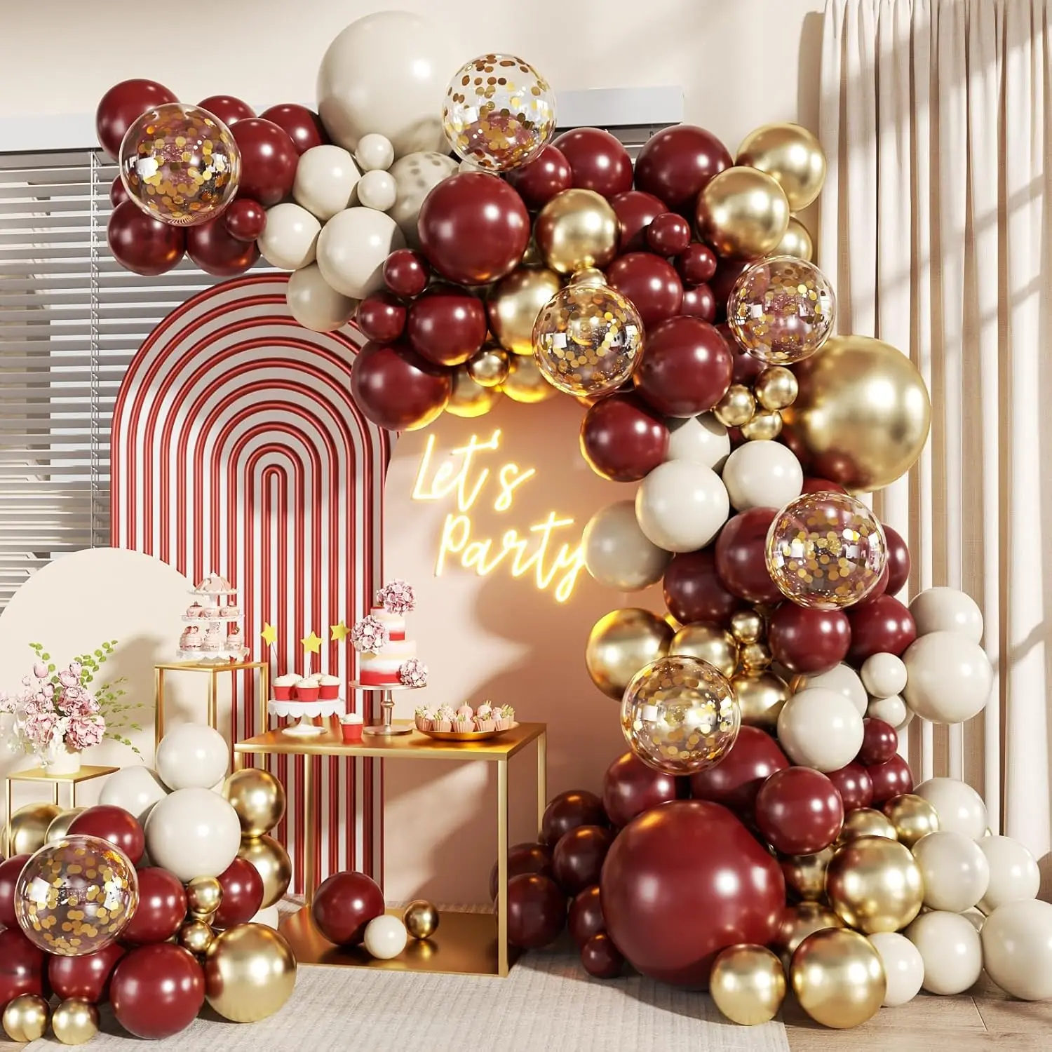 Burgundy Balloon Arch Kit - 140Pcs Multi-Size Latex Easy DIY Arch Kit with Maroon, Metallic Gold, Nude, Sand, White Confetti & Star Balloons for Fuller Look, Instantly Brighten Up Wedding, Birthday Party Decor