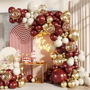Burgundy Balloon Arch Garland Kit, 140Pcs Burgundy Maroon Gold Sand White Confetti Balloons With Stars for Birthday Christmas Birdal Shower Graduation Party Decorations