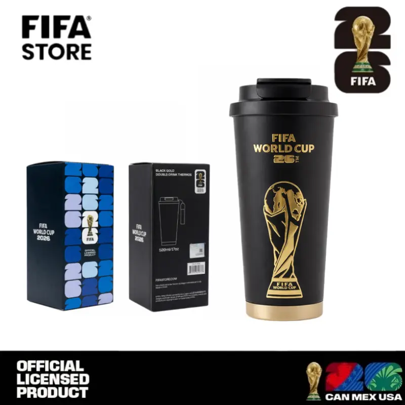 [FIFA World Cup 2026] Officially licensed black-and-goldsoccer-themed insulated mug with a leak-proof lid andstraw; large-capacity double-walled vacuum-insulated mug;coffee mug; the perfect choice for Father's Day, travel, andgift-giving