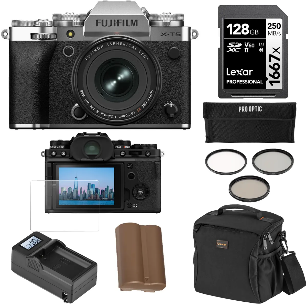 Fujifilm X-T5 Mirrorless Camera, Silver with XF 16-50mm f/2.8-4.8 R LM WR Lens, Bundle with 128GB Memory Card, Shoulder Bag, NP-W235 Battery, Smart Charger, Charger Plate, 58mm Filter Kit, Screen Protector, Cleaning Kit