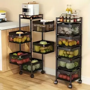 5-Tier Rotating Metal Kitchen Storage Rack with Wheels, Multi-Layer Utility Cart with Fruit Vegetable Baskets, Floor-Standing Organizer for Kitchen & Square Shoe Cabinet