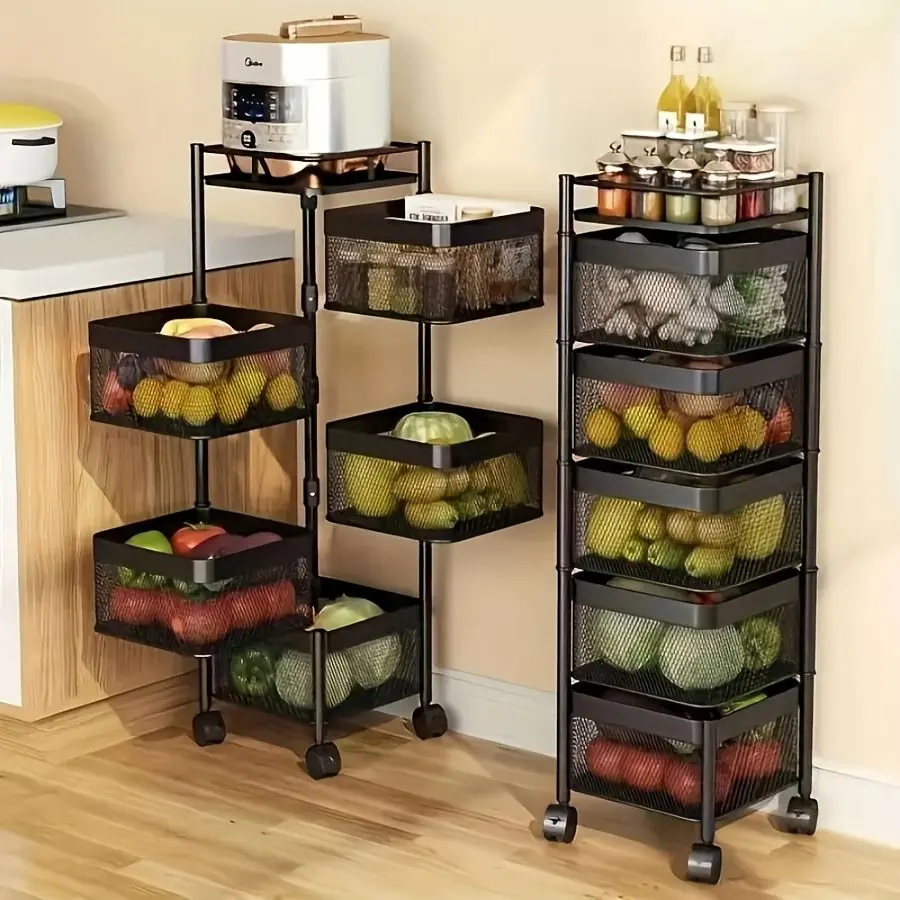 5-Tier Rotatable Metal Kitchen Storage Rack with Wheels - Floor-Stand Storage Organizer with Fruit Veg Baskets, Multi-Layer Utility Cart for Rotate to Reorganize in Kitchen & Bathroom
