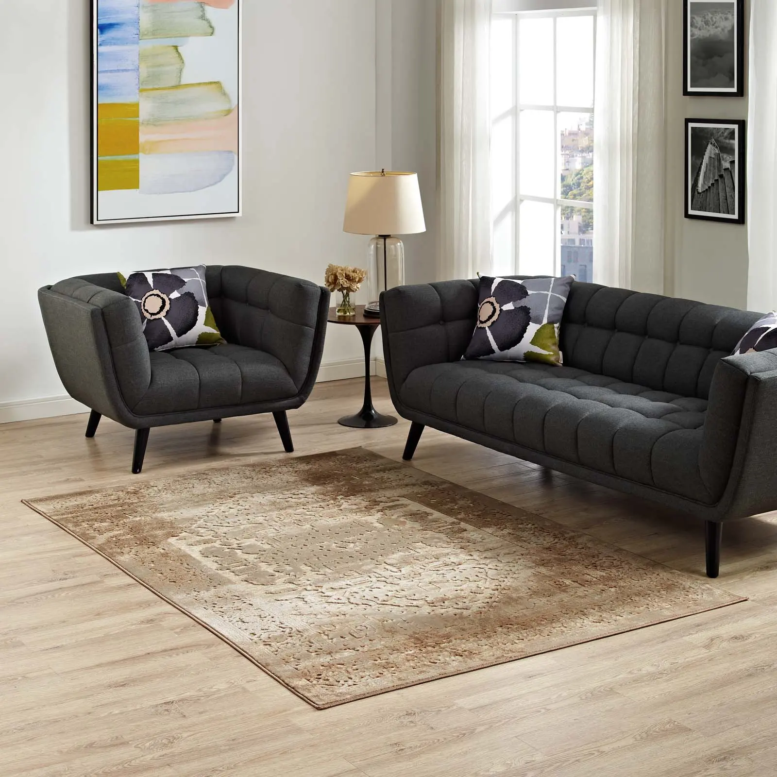 Modway Rosina Distressed Vintage Medallion 8x10 Area Rug - Tan and Cream, Polypropylene Low Pile Home Decorative Rug for High Traffic Spaces, Living Room Decor, Home Decorative Rugs, One-Piece