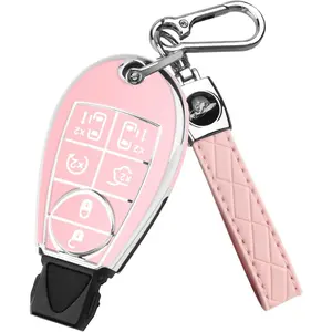 for Dodge Key Fob Cover, Soft TPU Car Key Protector with Keychain Key Case Compatible with Jeep Challenge Durango Journey Dart Caravan Ram Chrysler (Pink)