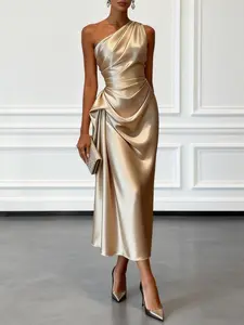 Champagne Ruched Satin One Shoulder Sleeveless Sheath Midi Cocktail Dress