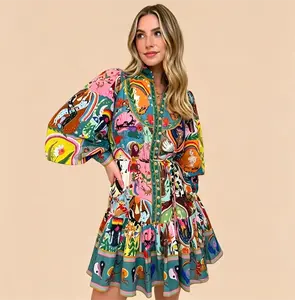 Women's Colorful Collage Print Dress Bohemian Style Collared Puff Sleeve with Belted Waist.sundresses.dresses for women summer.vacation dresses.