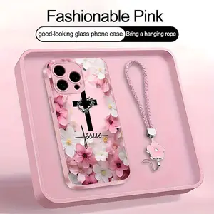 Christian Jesus Cross Floral Art Phone Case with Lanyard | Metallic Paint Glass Smooth 2D Flat Cover | for [iPhone & Samsung]  952