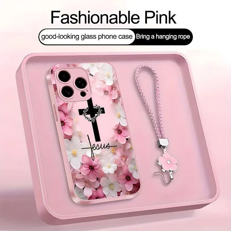 Christian Jesus Cross Floral Art Phone Case with Lanyard | Metallic Paint Glass Smooth 2D Flat Cover | for [iPhone & Samsung],Summervibes summerwins 985