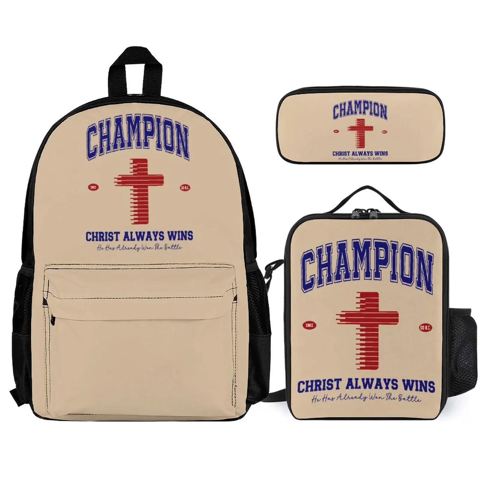 Champion Christ Always Wins Christian Backpack Set of 3 Bags (Shoulder Bag Lunch Bag & Pencil Pouch)