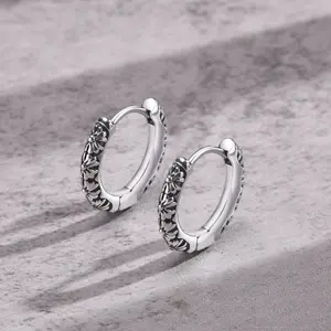 Vintage Floral Silver-Tone Huggie Hoop Earrings, 18mm Small Engraved Hoop Earrings for Women and man，Lightweight Boho Everyday Jewelry