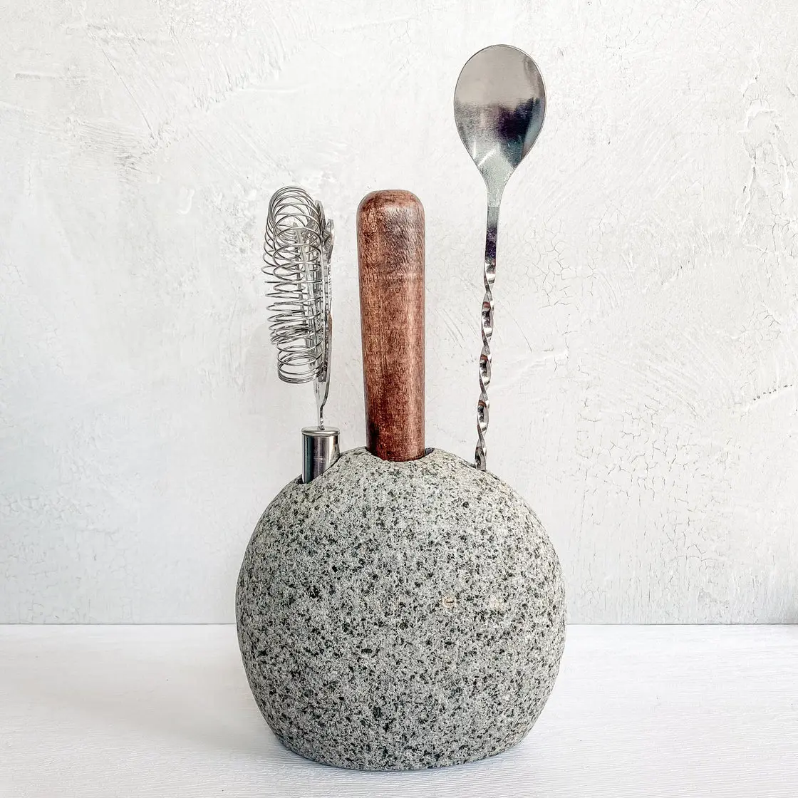 Home Bartender Kit – Mixology Tools for Cocktails, Includes Strainer, Wooden Muddler, Stainless Steel Mixing Spoon, Stone Holder for Glasses & Pitchers, Gift for Cocktail Enthusiasts