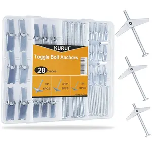 KURUI 28Pcs Heavy Duty Hollow Wall Anchors for Drywall Ceiling, Toggle Bolts and Wing Nut Kit, Metal Drywall Anchors and Screws Assortment Set, 3 Sizes Butterfly Anchors for Hanging 1/8, 3/16, 1/4