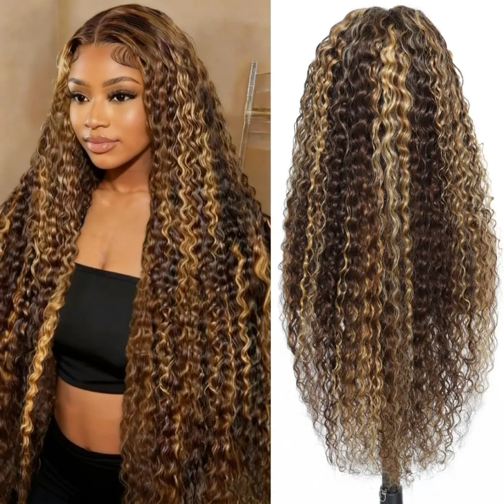 Honey Blonde 13x6 Deep Wave Lace Front Wigs Human Hair 30 inch 4/27 Highlight Ombre Deep Wave HD Transparent Lace Front Wigs Pre Plucked Curly Lace Frontal Wig for Women