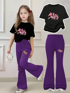 Girls' Cartoon Anime Print 2-Piece Set, Casual Sportswear, Comfortable Elastic Waist Flare Pants, Kids Summer Fall Winter