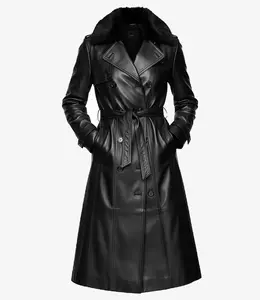 Black Genuine Leather Trench Coat with Belted Design and Classic Style