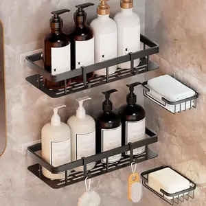 Adhesives Shower Set, with Soap Holders, Wall Rack Aluminum Shower Rack, for, Rv, (Black 4 Pack)