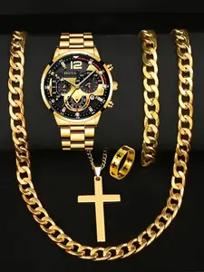 Men's Fashion Quartz Jewelry Watch Set, Stainless Steel Band, Hip Hop Cuban Chain Necklace Bracelet Ring, Ideal Gift for Holidays