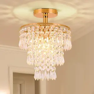 Small Crystal Chandelier LED Crystal Ceiling Light, Three-Layer Crystal Raindrop Pendant, Living Room Bedroom Hallway Decor, Home Decor Lighting, Atmosphere Lighting, Crystal Color, E26 Socket
