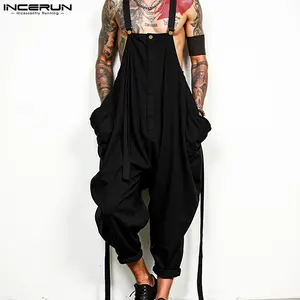 INCERUN Men's Solid Fabric Casual Overalls - Loose-Fit, Contrast Buckle, Puff-Sleeveless Menswear for Spring-Summer